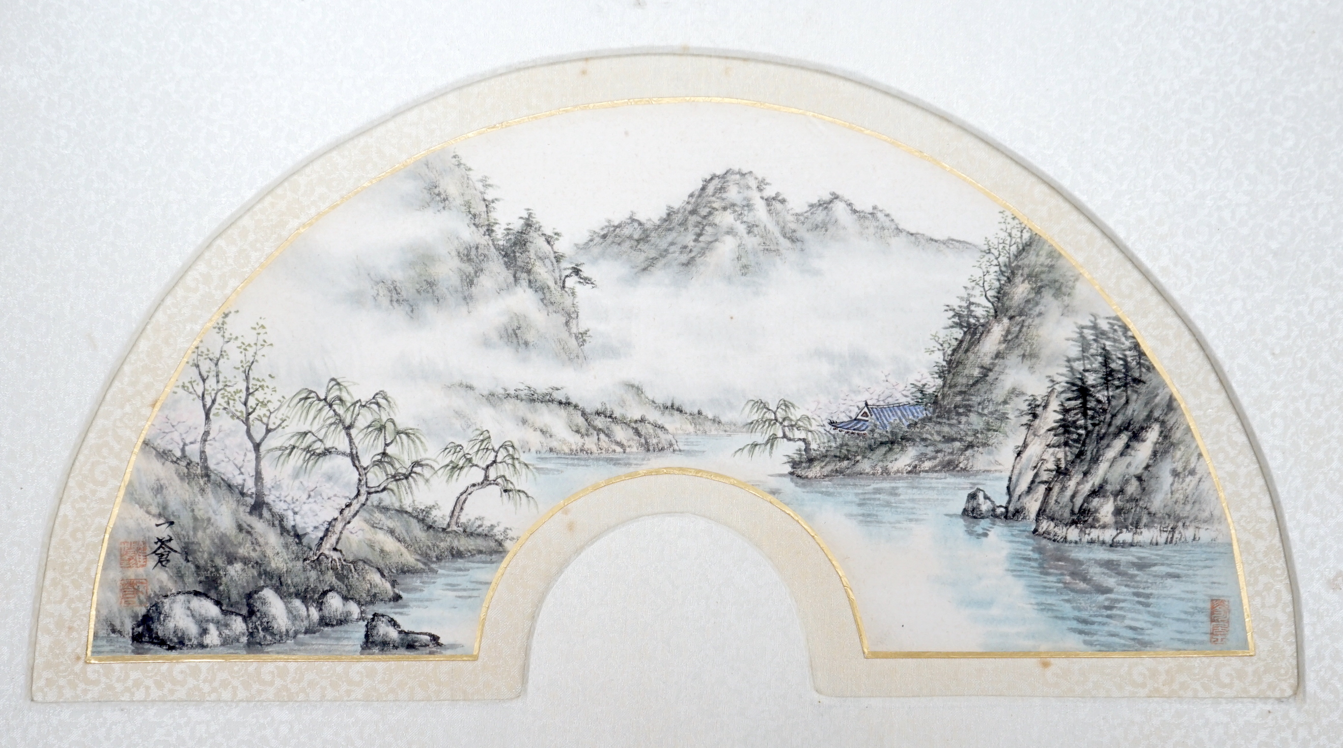 Chinese School, watercolour, fan leaf design, Mountainous river landscape, 23 x 43cm